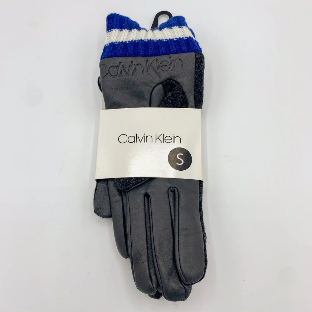 Calvin Klein Charcoal & Blue Leather & Wool Gloves
